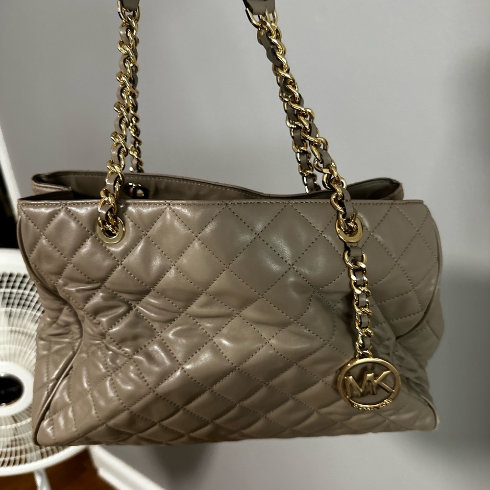 Michael Kors Quilted Shoulder Bag in Taupe with Gold Accents